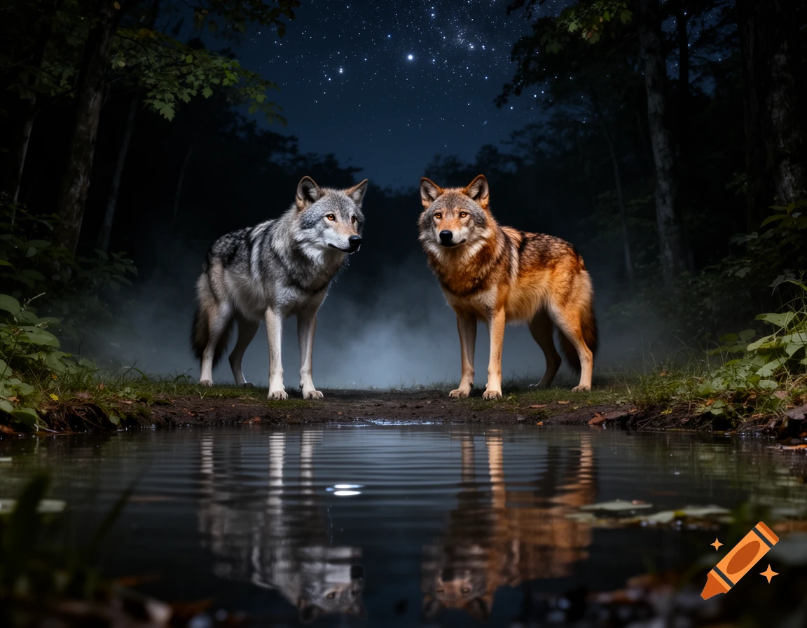 Two photorealistic wolves stand by a calm forest pond under a starry night sky, reflecting in the water.