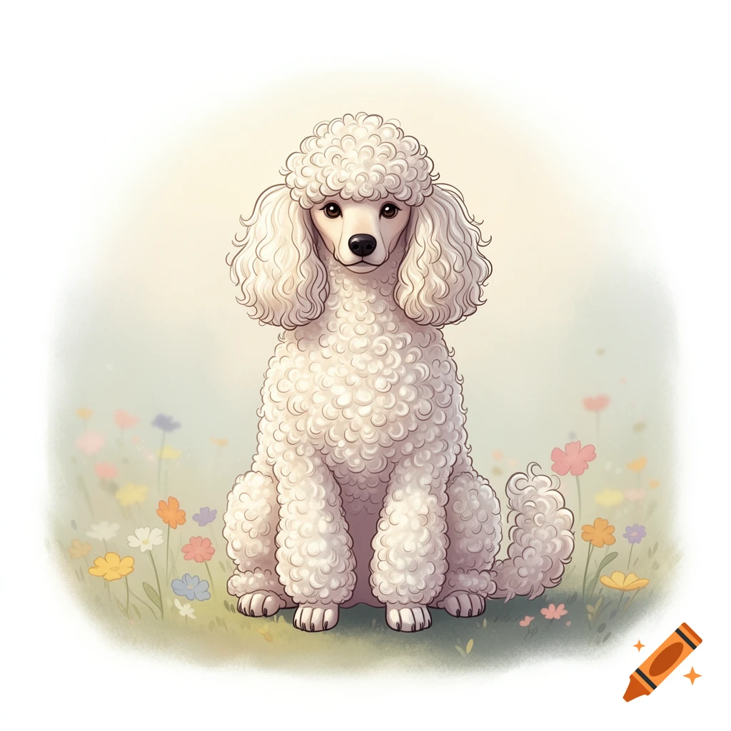 An adorable fluffy white poodle with curly fur sits among colorful tiny flowers in a soft, illustrated style.