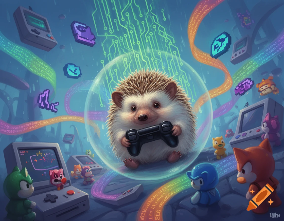 A cute hedgehog in a bubble holding a game controller, surrounded by retro consoles, pixel art, and digital streams in a vibrant digital art style.