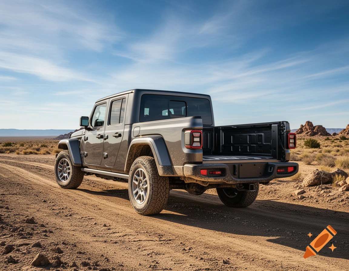 Gray Jeep Gladiator pickup truck on a dirt road in a sunny desert landscape with rocky outcrops and mountains.