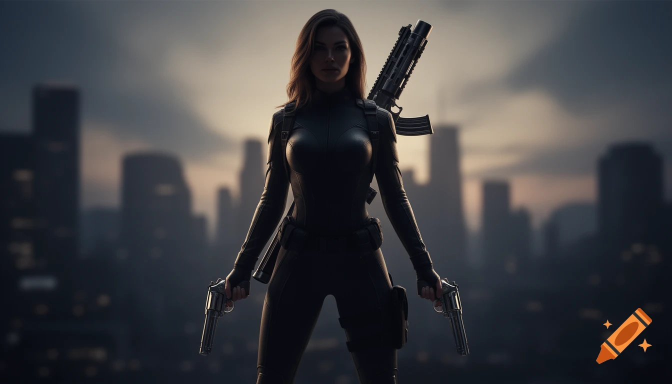 A woman in a black tactical suit holding two revolvers, with a rifle on her back, stands against a blurred city skyline. Photorealistic style.