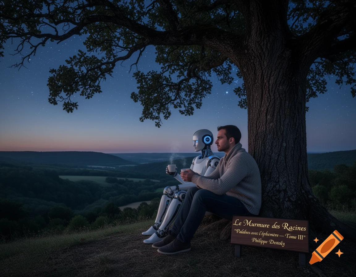A man and a robot share coffee under a grand tree, overlooking a misty valley at twilight beneath a starry sky, with a wooden sign beside them.