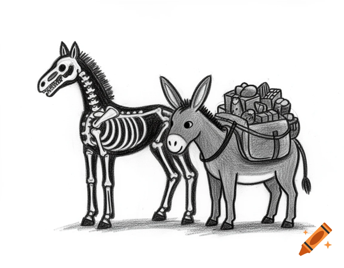 A charcoal sketch of a skeleton horse next to a donkey laden with gifts.