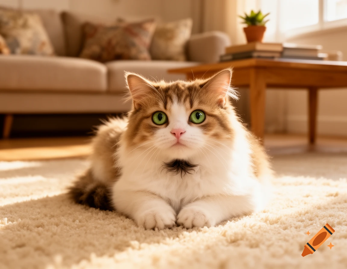 A fluffy brown and white cat with bright green eyes lies on a beige carpet in a sunlit living room.