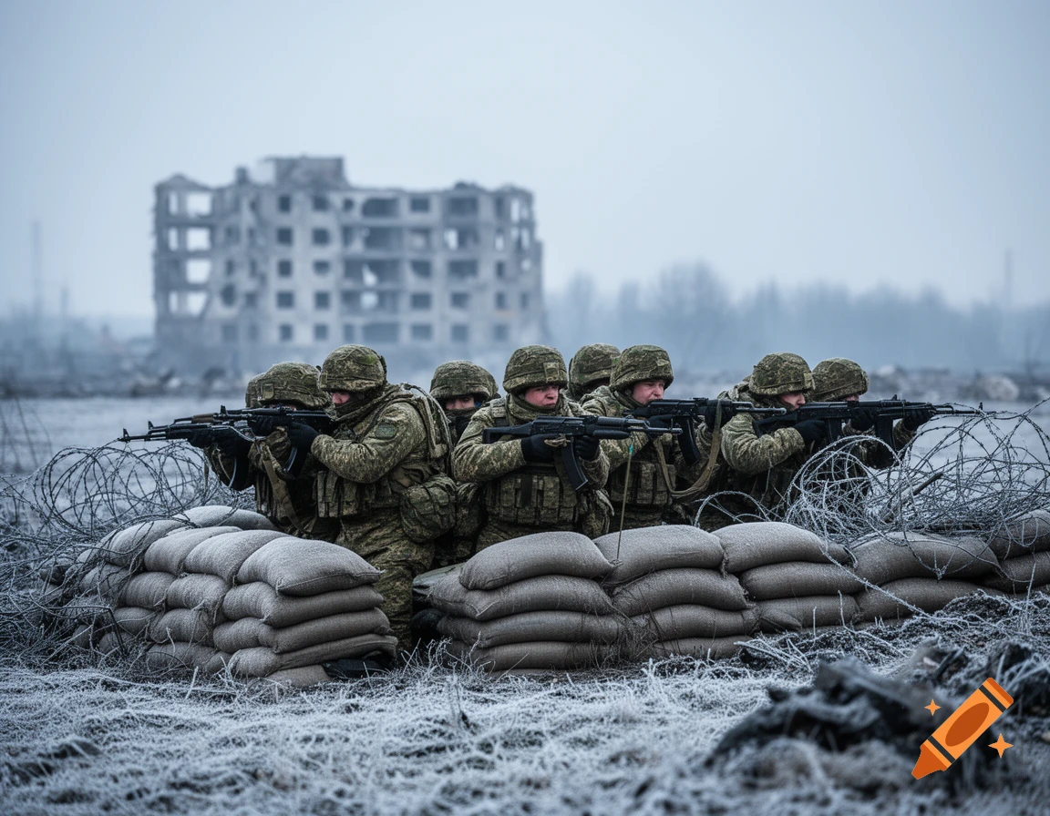 Photorealistic image of soldiers in camouflage kneeling behind sandbags and barbed wire, aiming rifles in a snowy, destroyed warzone.