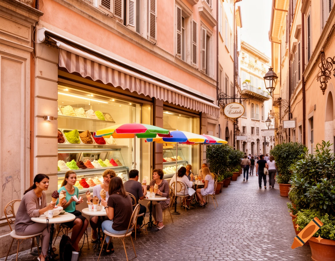 People enjoy ice cream at outdoor tables in front of a colorful gelato shop on a charming, narrow street in Italy.