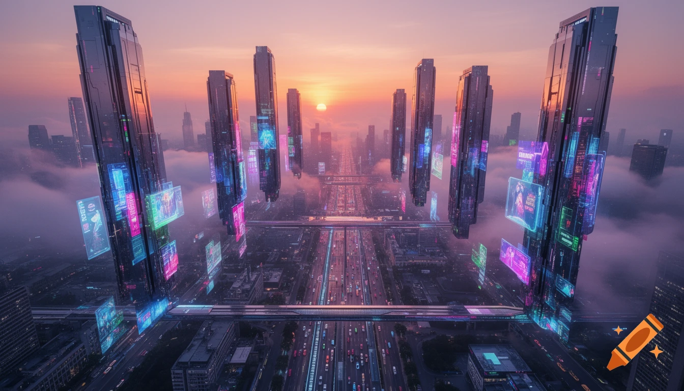 A futuristic cityscape at sunset with towering floating buildings adorned with vibrant neon lights and holographic screens, overlooking a busy highway.