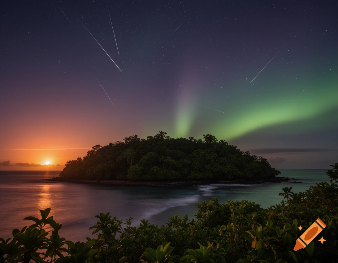 Tropical island at dusk with a vibrant sunset, shooting stars, and a green aurora borealis illuminating the starry night sky.