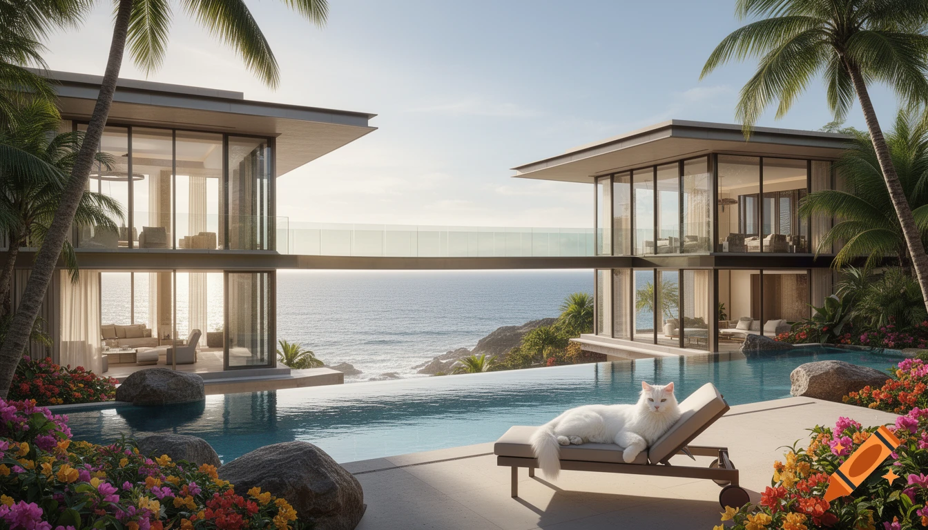 White cat on a lounge chair by an infinity pool with two modern glass houses, palm trees, and colorful flowers overlooking the ocean.