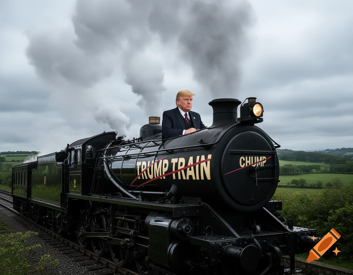 Donald Trump as a train engineer on a black steam engine, with "TRUMP TRAIN" crossed out and "CHUMP" above it. Photorealistic.