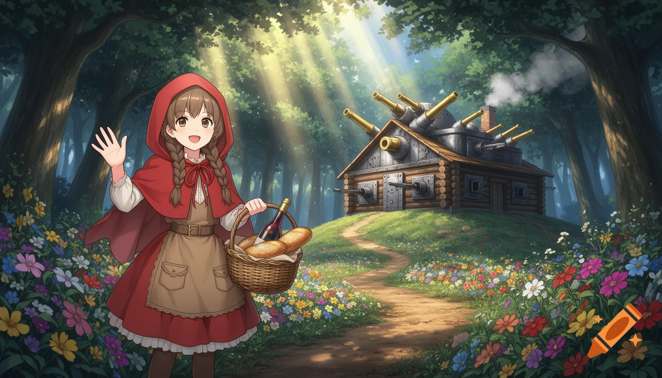Anime Red Riding Hood waves in a sun-dappled forest, holding a basket, with a fortified log cabin on a hill.