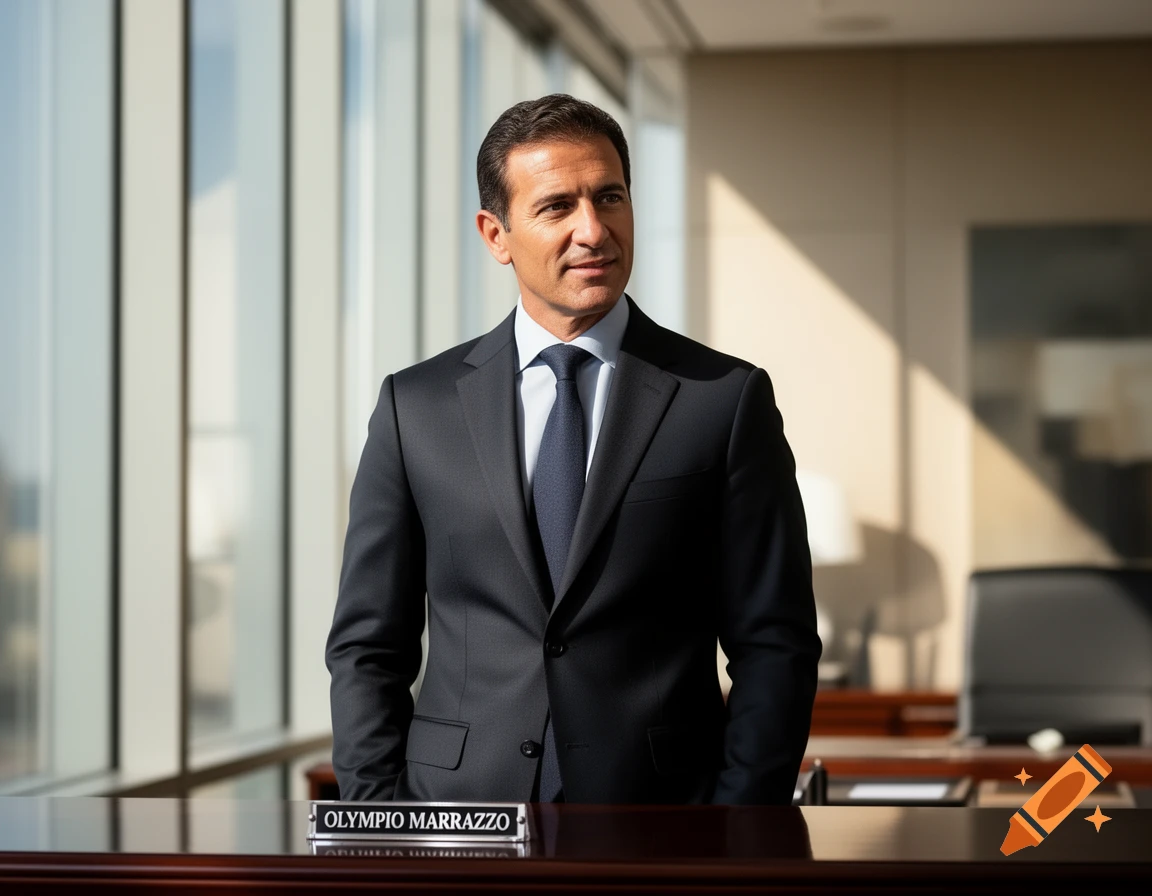 A man in a dark suit and tie stands in a modern office with large windows, with a nameplate reading 'Olympio Marrazzo' on the desk in front.