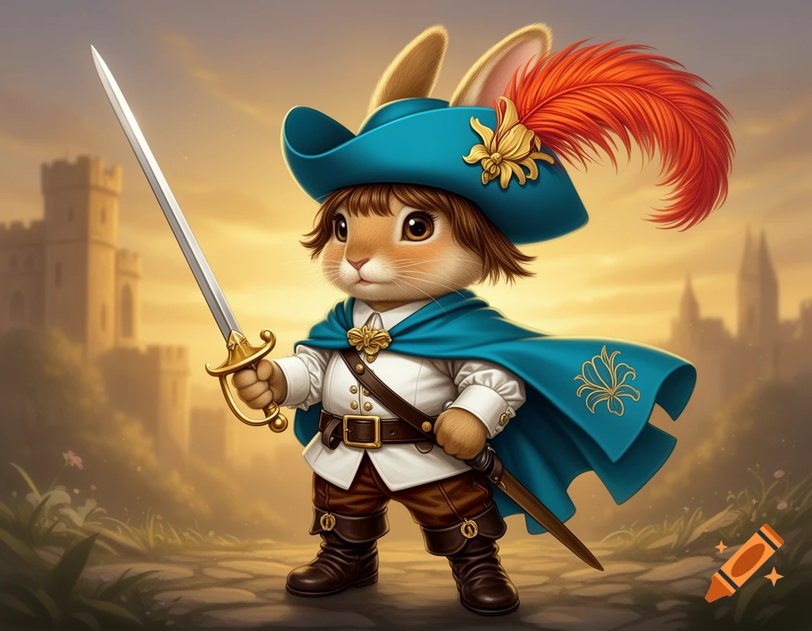 A cute tan rabbit musketeer with brown hair and bangs, wearing a cyan hat with a red feather and cape with a lily symbol, holding a sword. A castle is in the background.
