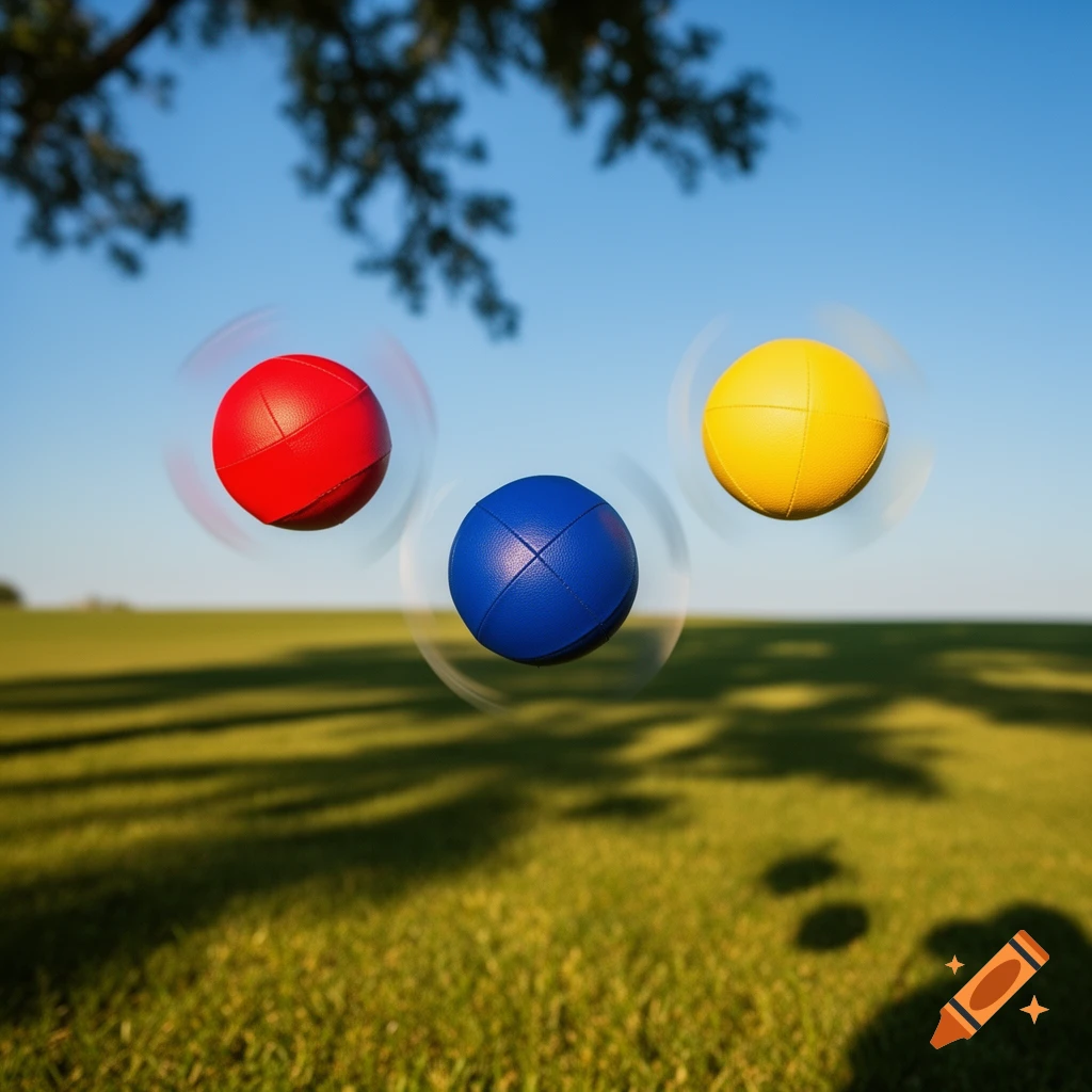 Three red, blue, and yellow juggling balls with motion blur float above a grassy field under a clear blue sky, with tree branches overhead.
