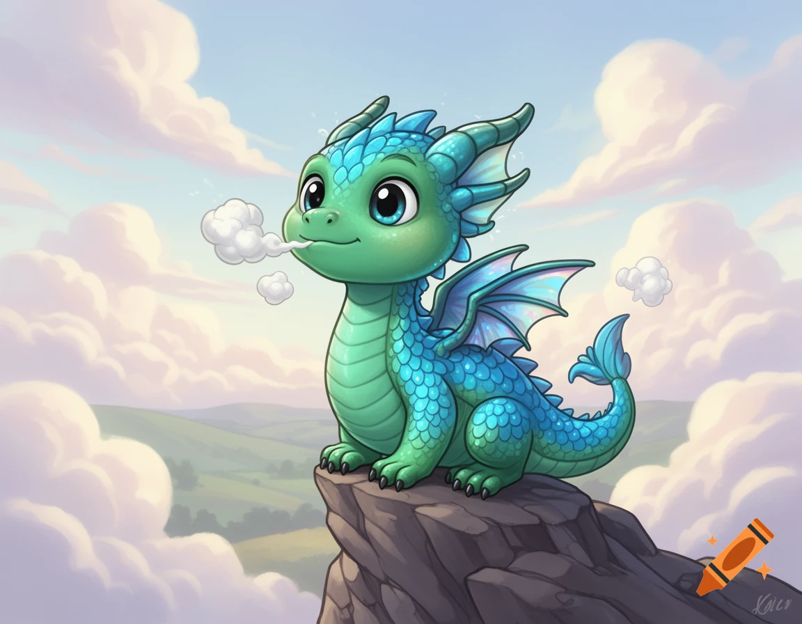 A cute green and blue cartoon dragon exhales smoke, sitting on a rock cliff with a cloudy sky and hills in the background.
