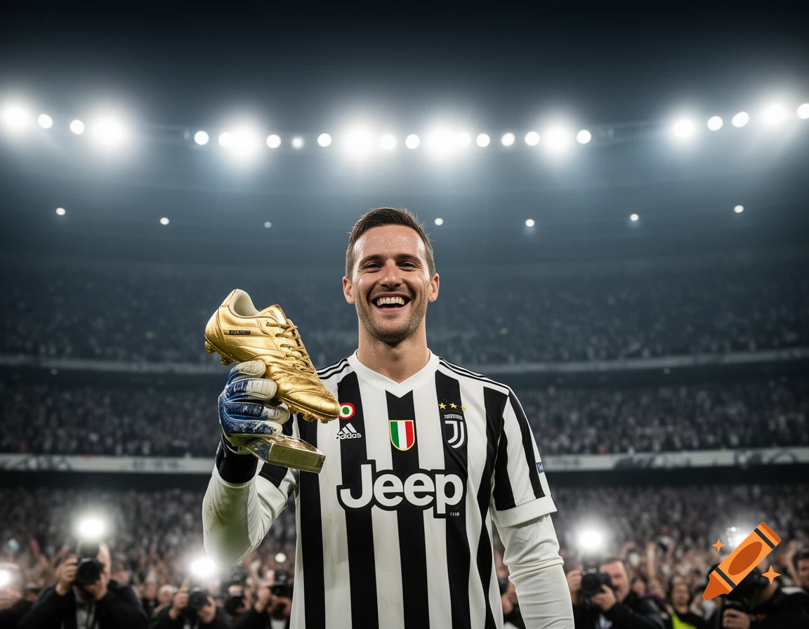 A smiling soccer goalkeeper in a black and white jersey holds a golden boot trophy in a stadium during an award celebration.