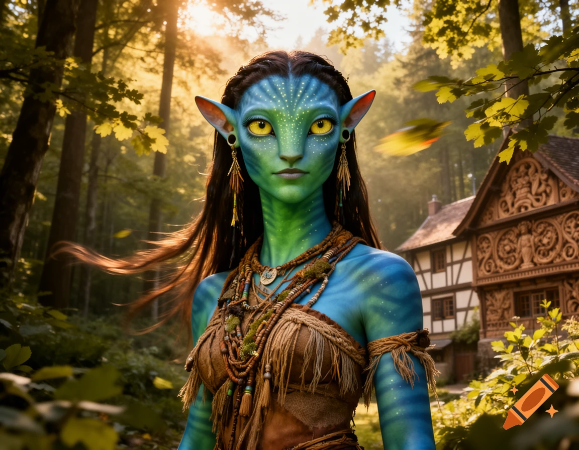 Photorealistic green and blue Avatar character in a sunlit forest with a rustic German-style house.