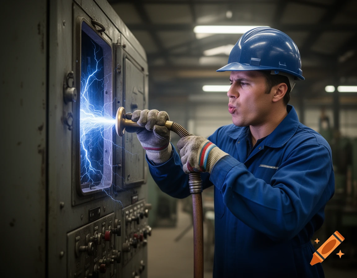 A man in a blue uniform and hard hat uses a tool to create a powerful blue electrical arc inside an industrial control cabinet.