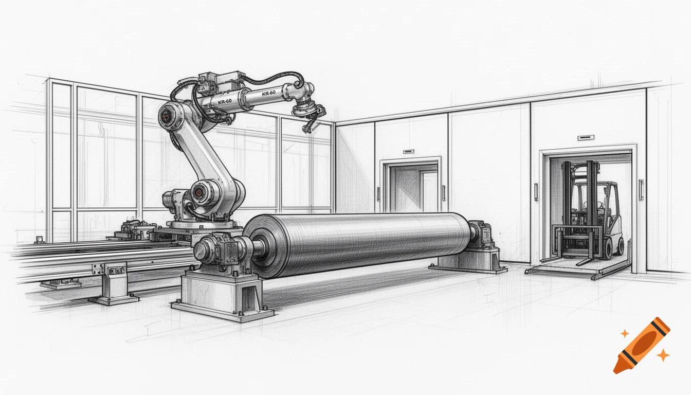 A technical sketch of an industrial robot system featuring a Kuka KR-60, a large roller, and a forklift in a factory.