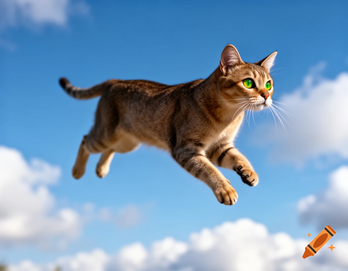 A domestic tabby cat with bright green eyes appears to fly through a clear blue sky with scattered white clouds.