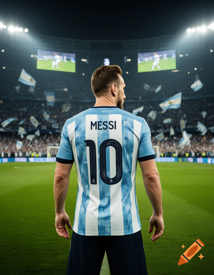 A soccer player with 'MESSI' and number '10' on an Argentina jersey, viewed from behind in a brightly lit stadium.