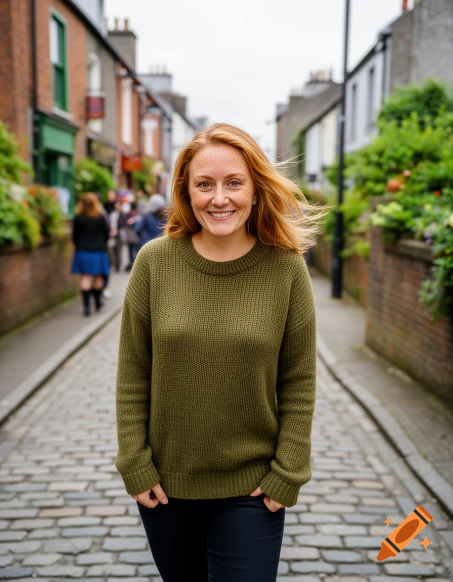 A smiling woman with red hair and freckles stands on a cobblestone street in an old European town.