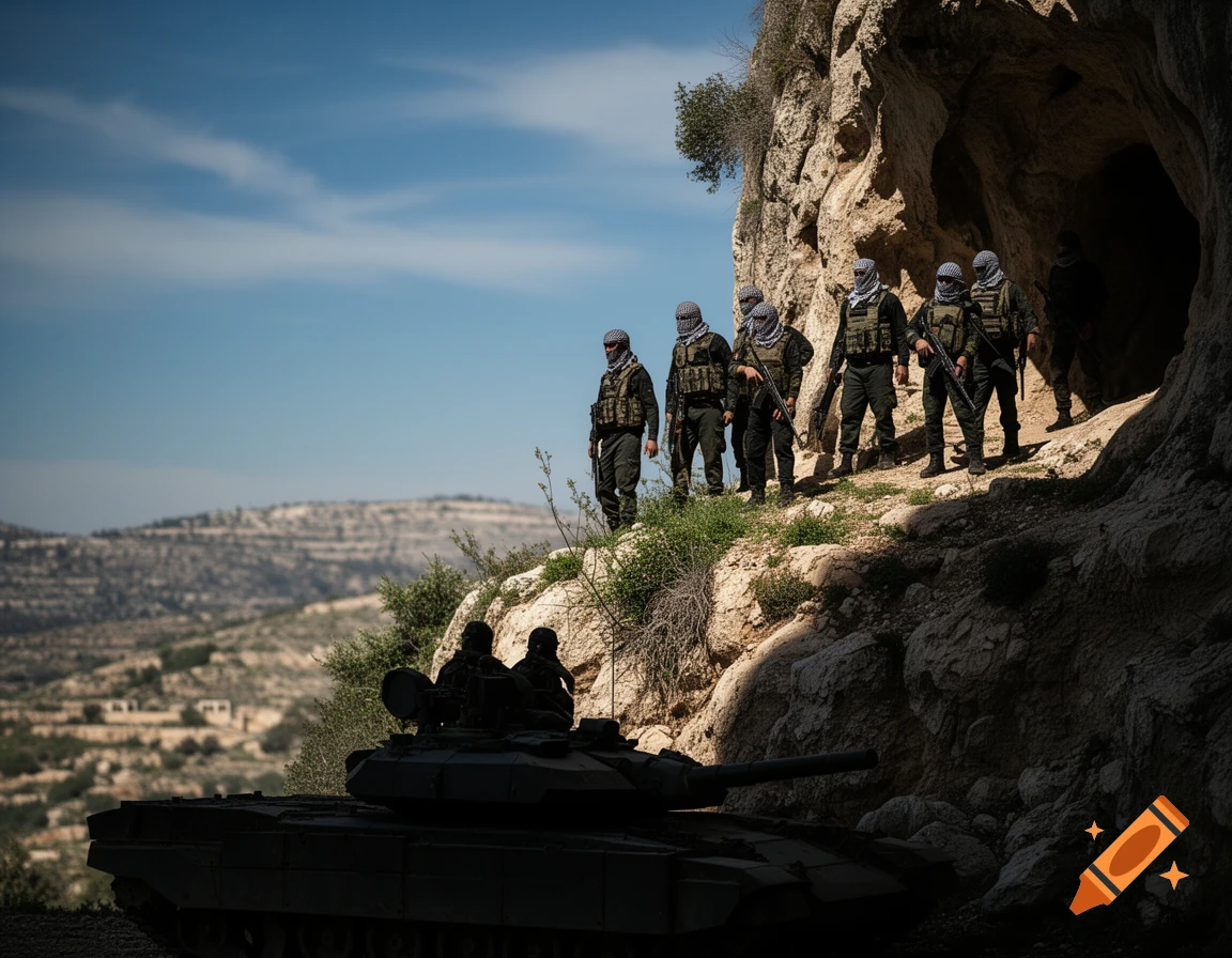 Armed figures with rifles stand on a rocky hillside near a cave, overlooking a tank and a distant landscape under a blue sky.