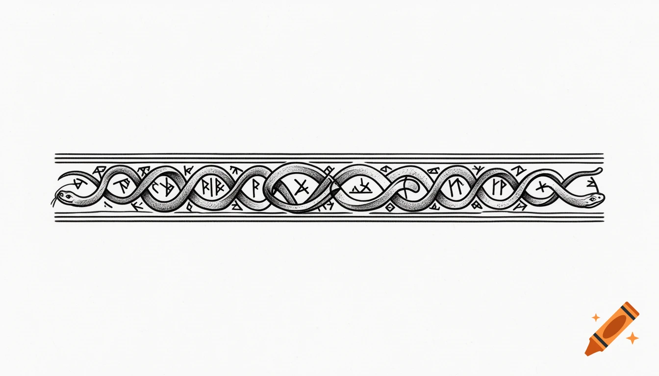 Black and white illustration of a coiled snake forming a decorative border, filled with runic symbols in a Nordic art style.