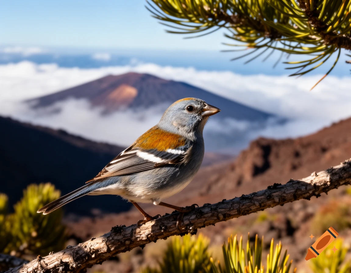 A colorful bird with blue, orange, and white feathers perched on a tree branch, with a volcanic peak rising above clouds in the sunny background.