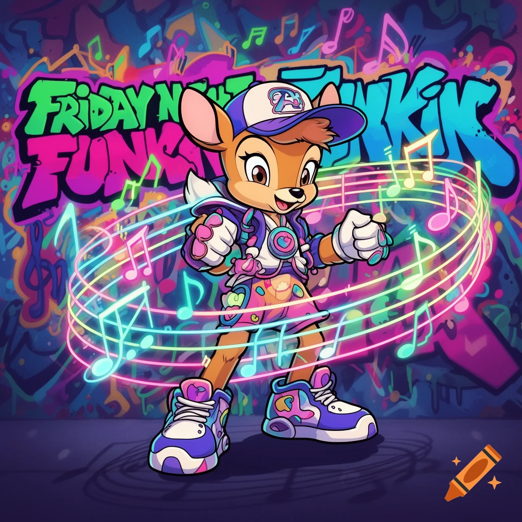 A cartoon deer character in a baseball cap and street clothes dances amidst glowing musical notes and graffiti that reads "FRIDAY NIGHT FUNKIN'".