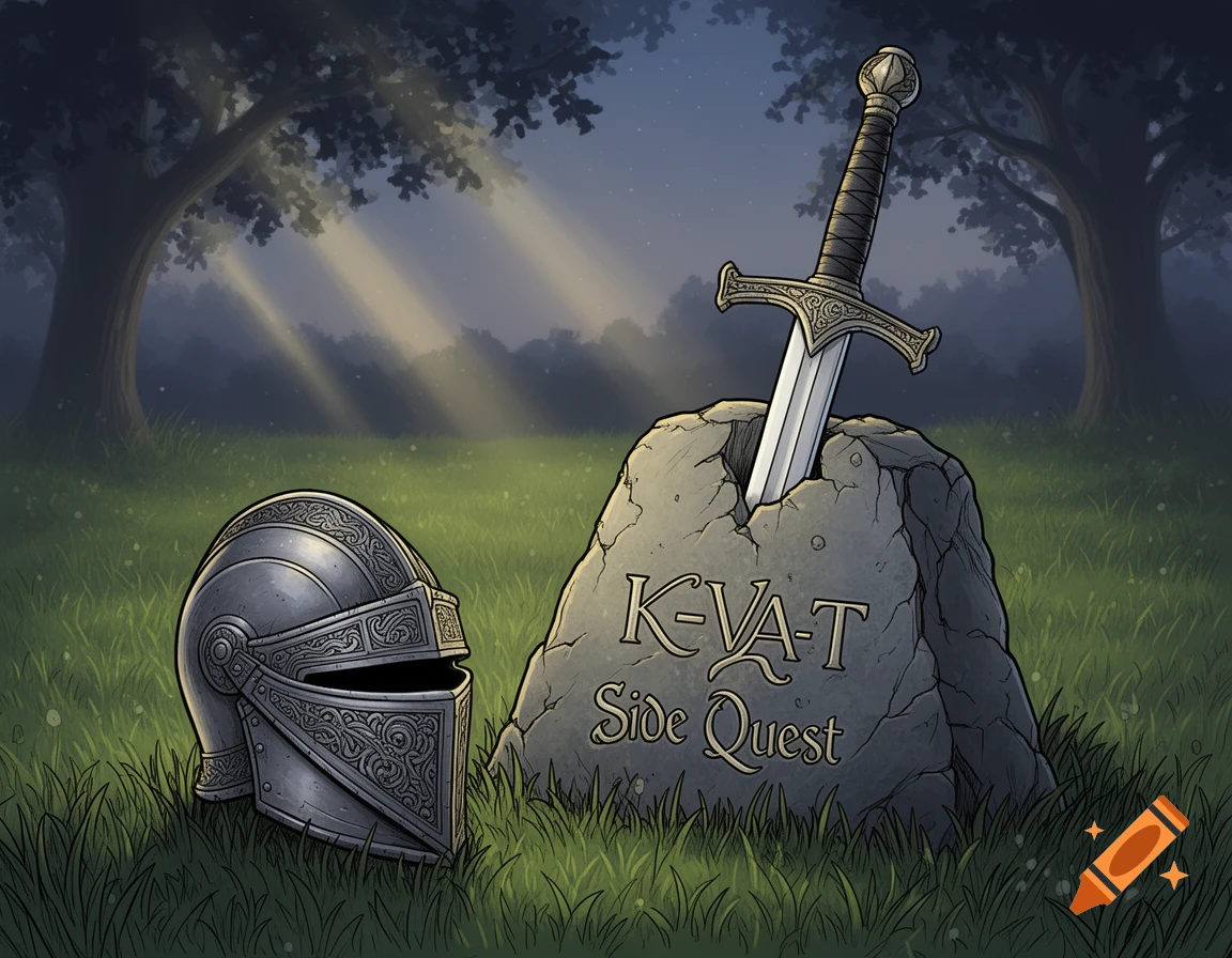 A line art illustration of a knight's helmet next to a stone with a sword plunged into it, reading "K-VA-T Side Quest," in a grassy forest setting with sunbeams.