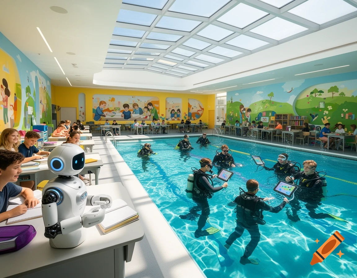 A futuristic school classroom where children are at desks with a white robot, and other children in scuba gear are having lessons in an adjacent indoor swimming pool.