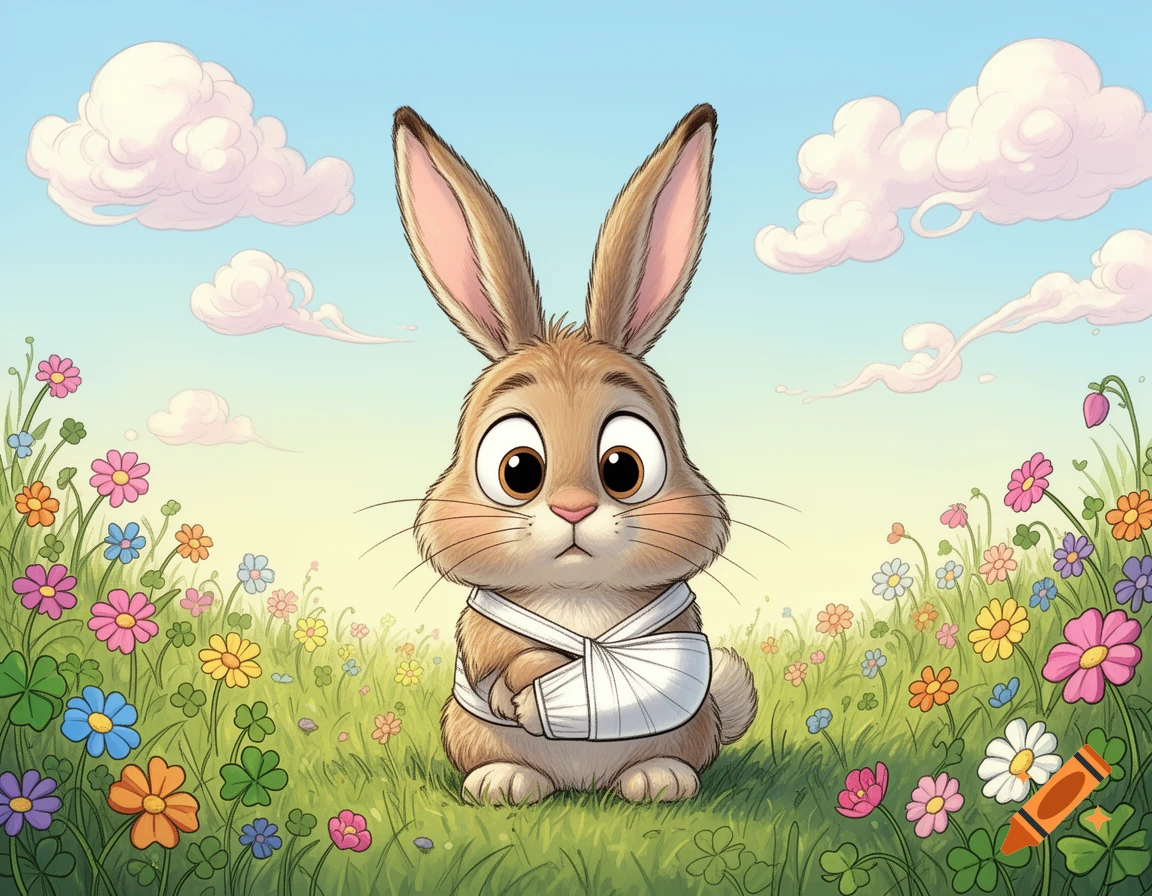 A cute cartoon bunny with large eyes and a bandaged left arm sits in a vibrant green field of colorful flowers under a blue sky.