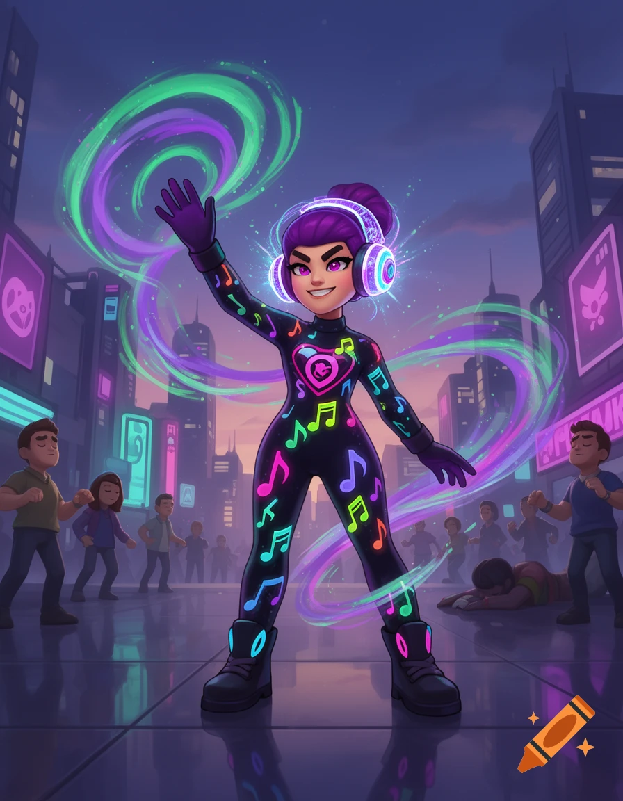 A stylized character with purple hair and glowing headphones, wearing a black suit with neon music notes, stands in a city with glowing signs, surrounded by people who appear to be hypnotized.
