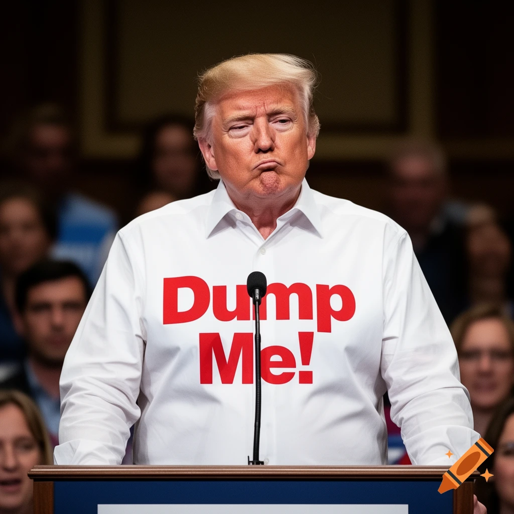 Donald Trump at a podium, pouting, wearing a white shirt with "Dump Me!" in red text.