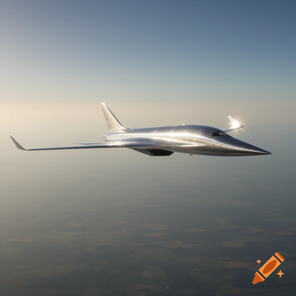 A sleek, metallic silver futuristic airplane flies above a hazy landscape under a clear sky.