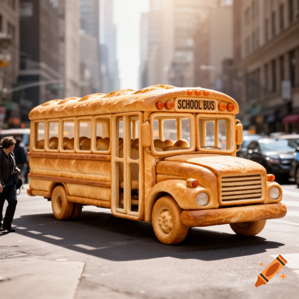 A photorealistic school bus made of baked bread, with "SCHOOL BUS" on top, drives down a sunny city street.