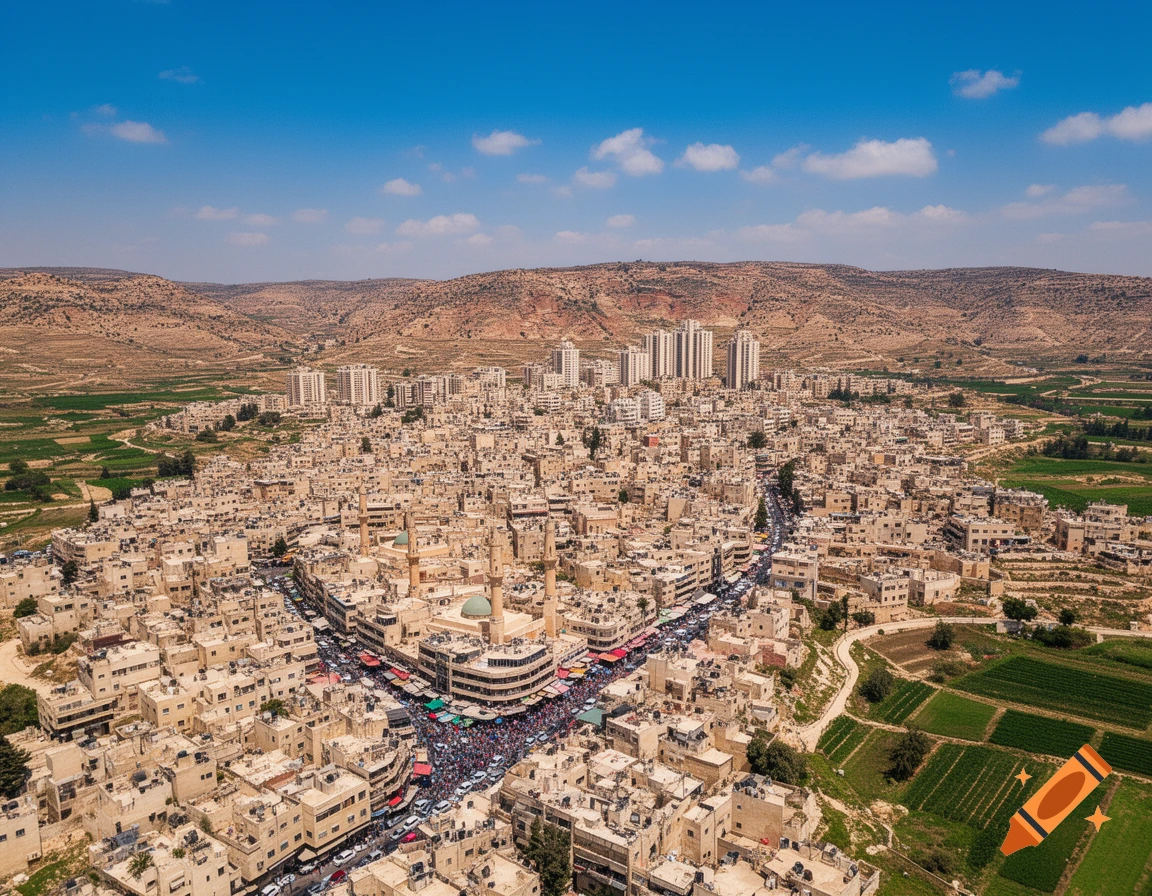 Photorealistic aerial view of a sprawling Middle Eastern city with a prominent mosque, surrounded by arid hills and green fields.
