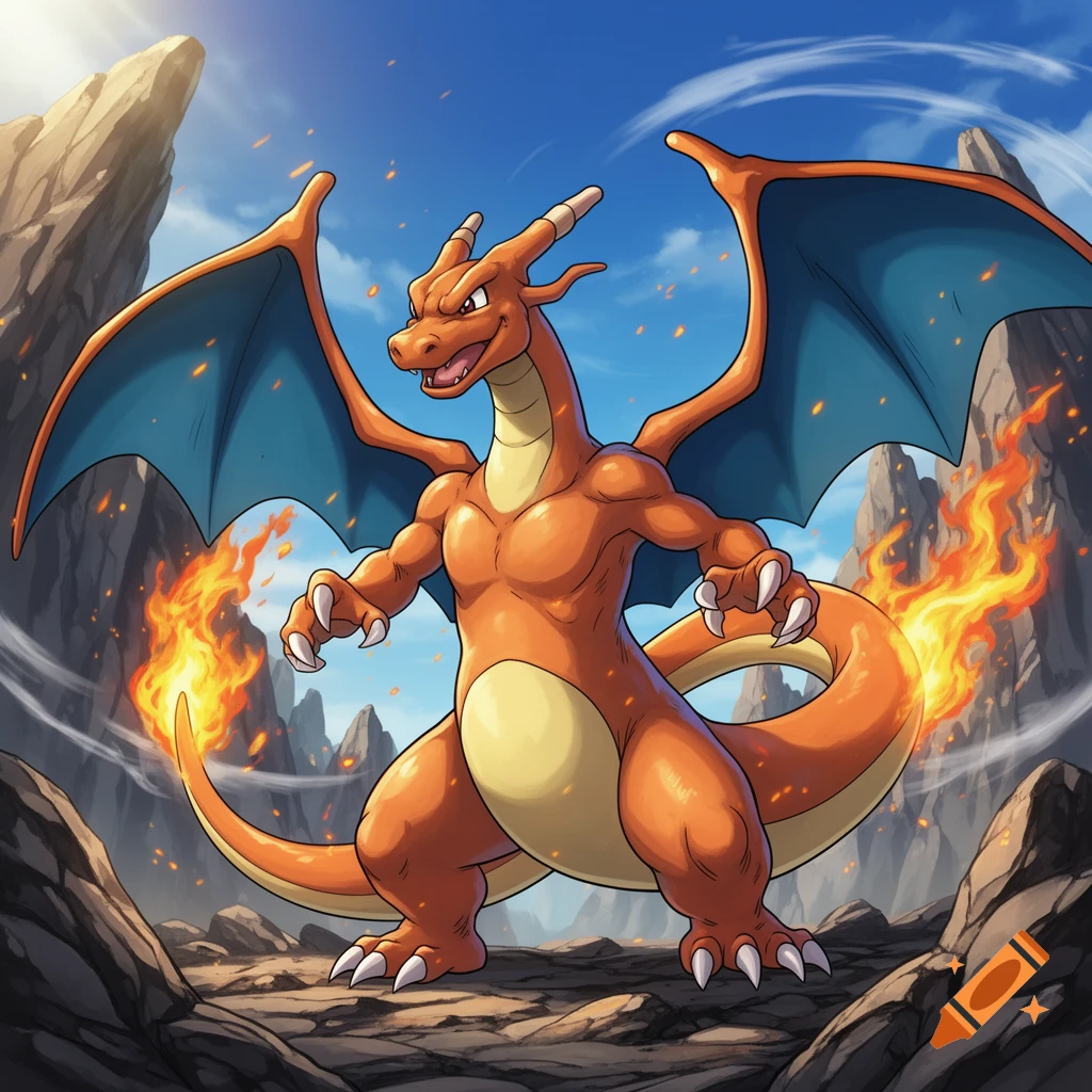 Orange Charizard, a dragon-like Pok Ramon, stands flexing in a rocky landscape with flames, in an anime style.