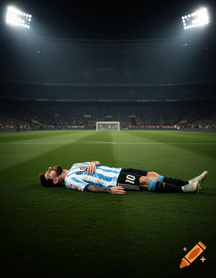Photorealistic image of Lionel Messi in an Argentina jersey lying on his back on a football pitch in a floodlit stadium at night.