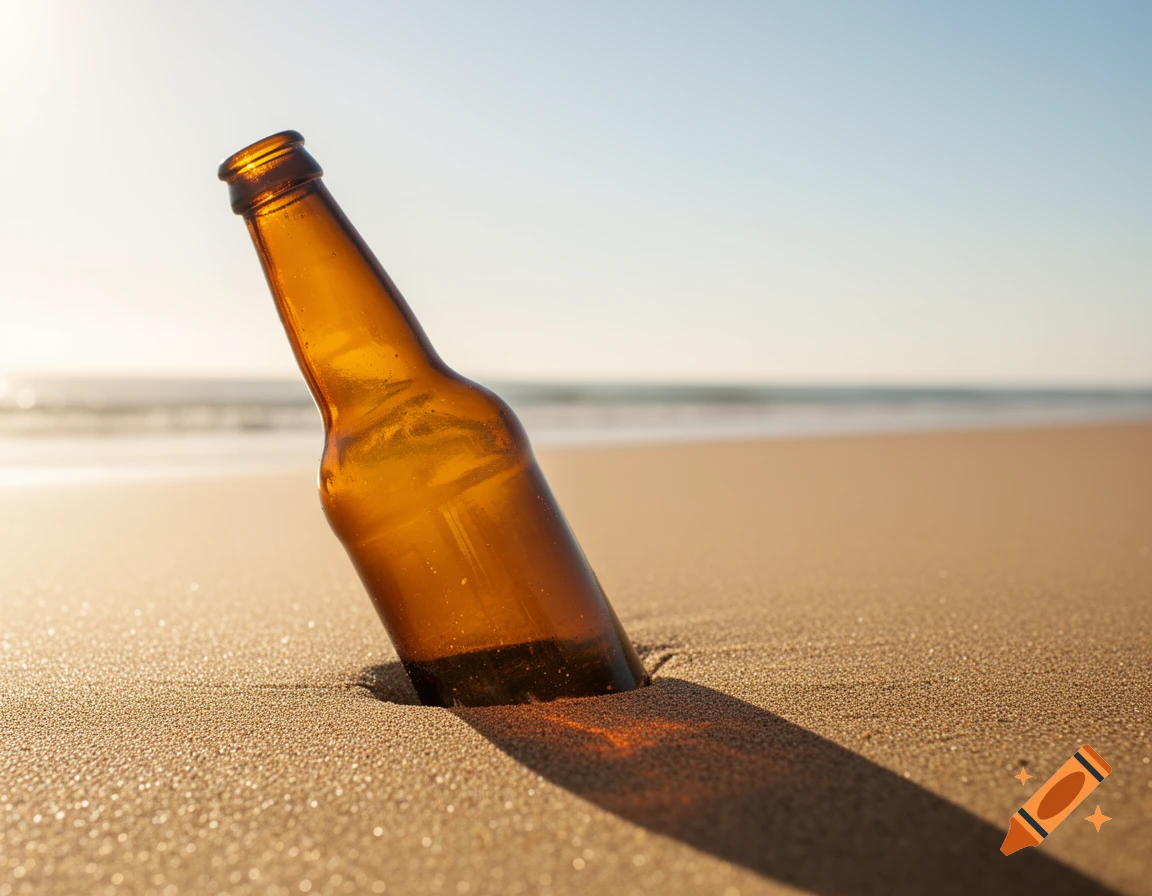Empty amber beer bottle stuck in beach sand, casting a long shadow, with the ocean in the background. Photorealistic.