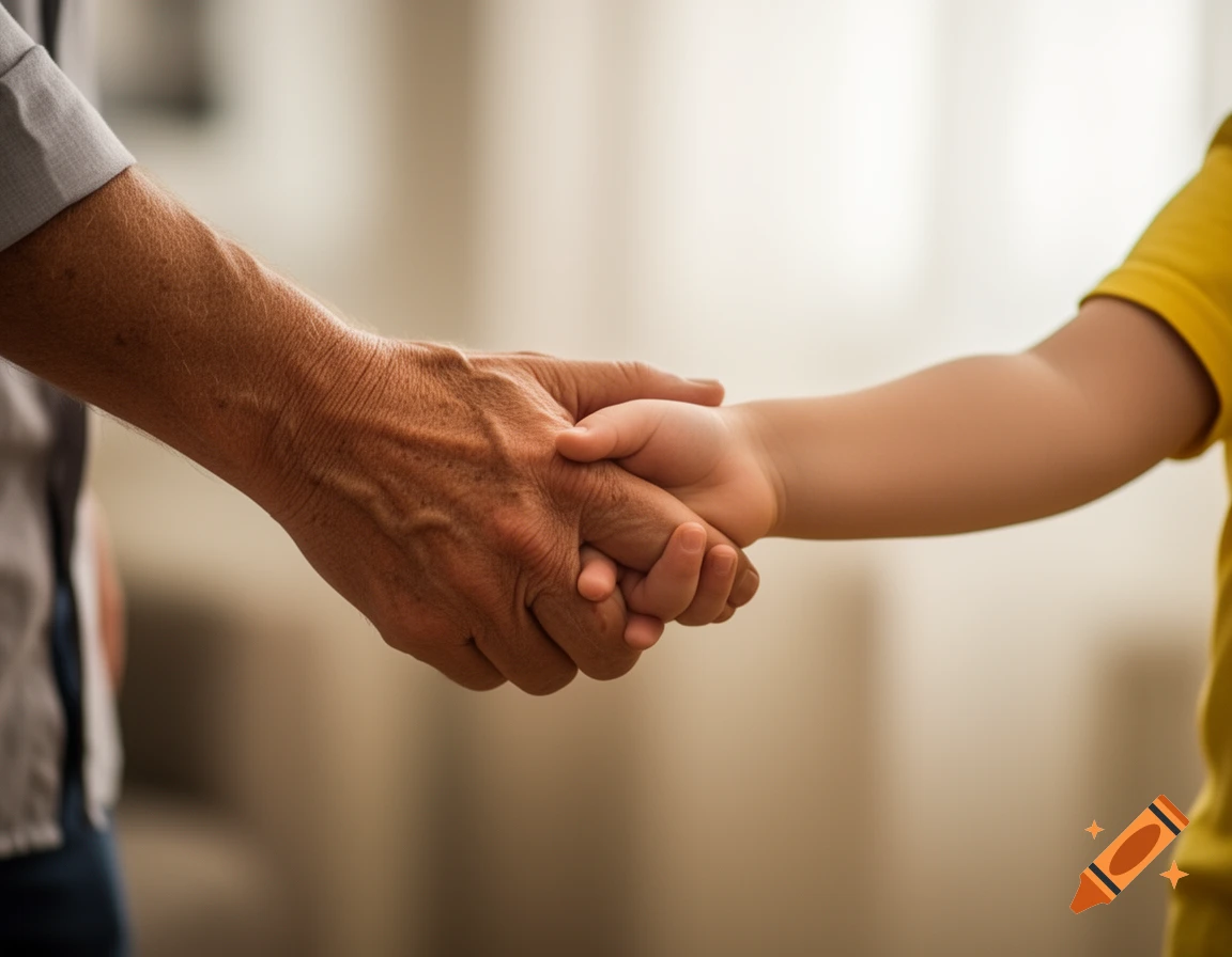 Close-up of a weathered adult hand gently holding a smooth child's hand, symbolizing connection.
