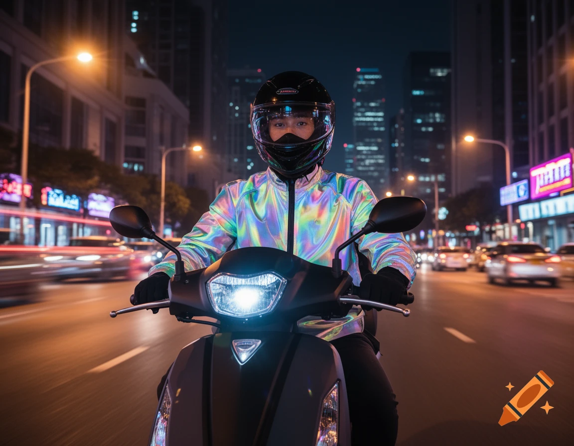 A person in a reflective jacket and helmet rides a scooter at night on a city street, with blurred car lights and buildings in the background. Photorealistic style.
