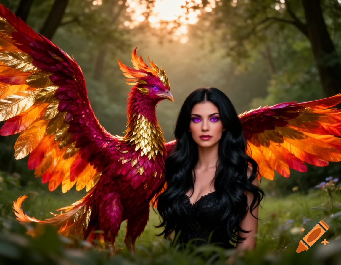 A dark-haired woman with purple eyes stands beside a vibrant red and gold phoenix in a sunlit forest.