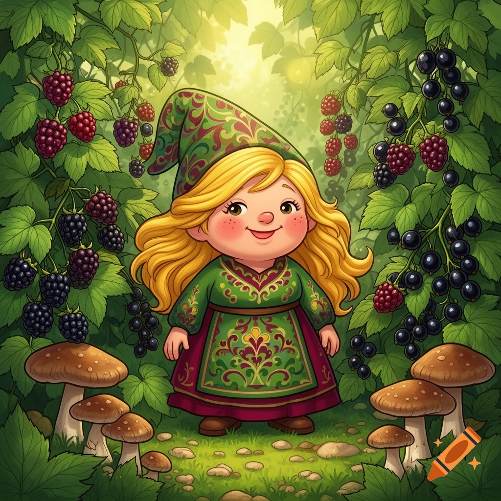 A cute blonde female cartoon garden gnome stands in a lush forest surrounded by berries and mushrooms.