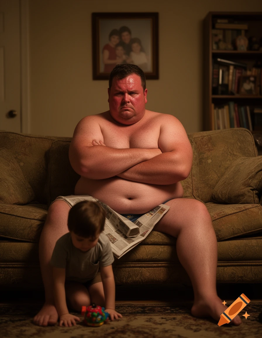 An angry, shirtless, overweight man sits on a couch with a newspaper covering his lap, while a child plays on the floor. Photorealistic.