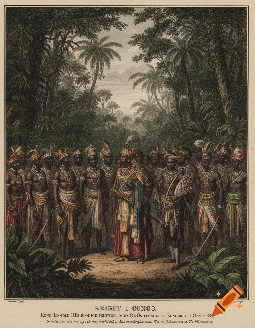 Historical illustration of African kings and warriors in traditional attire gathered in a lush jungle setting, with text below.