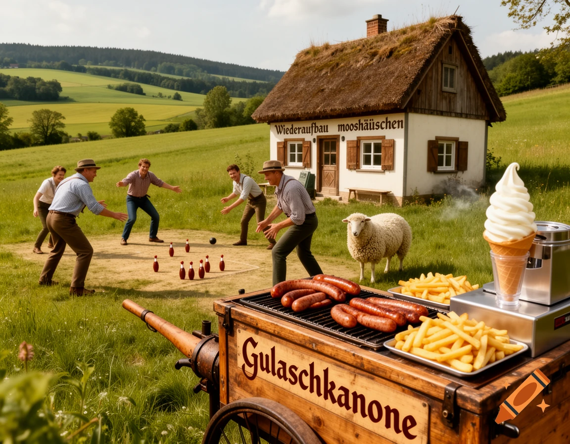Men play skittles near a thatched cottage and a food cart with grilled sausages, fries, and soft-serve ice cream, in a sunny green field.