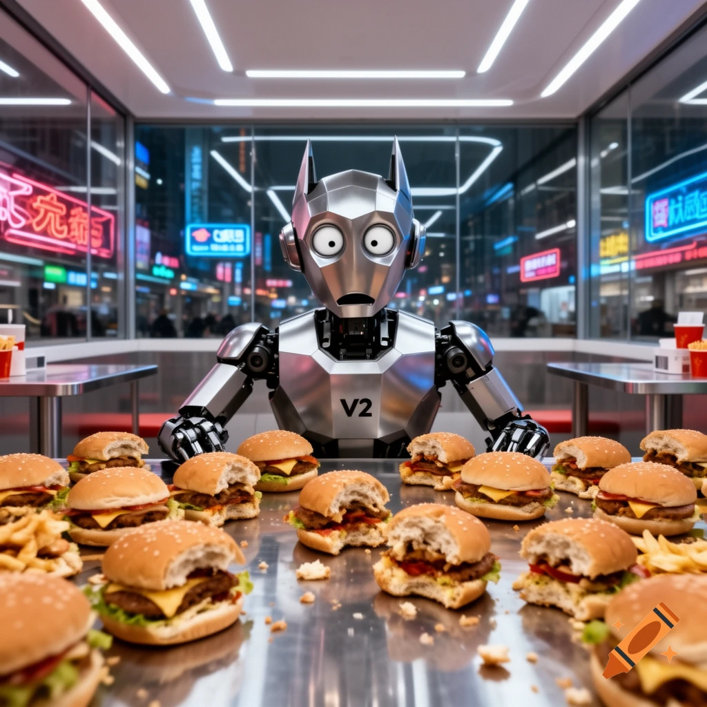 A silver robot with large eyes sits at a table piled with partially eaten hamburgers and fries in a modern fast-food restaurant with neon city lights visible outside.
