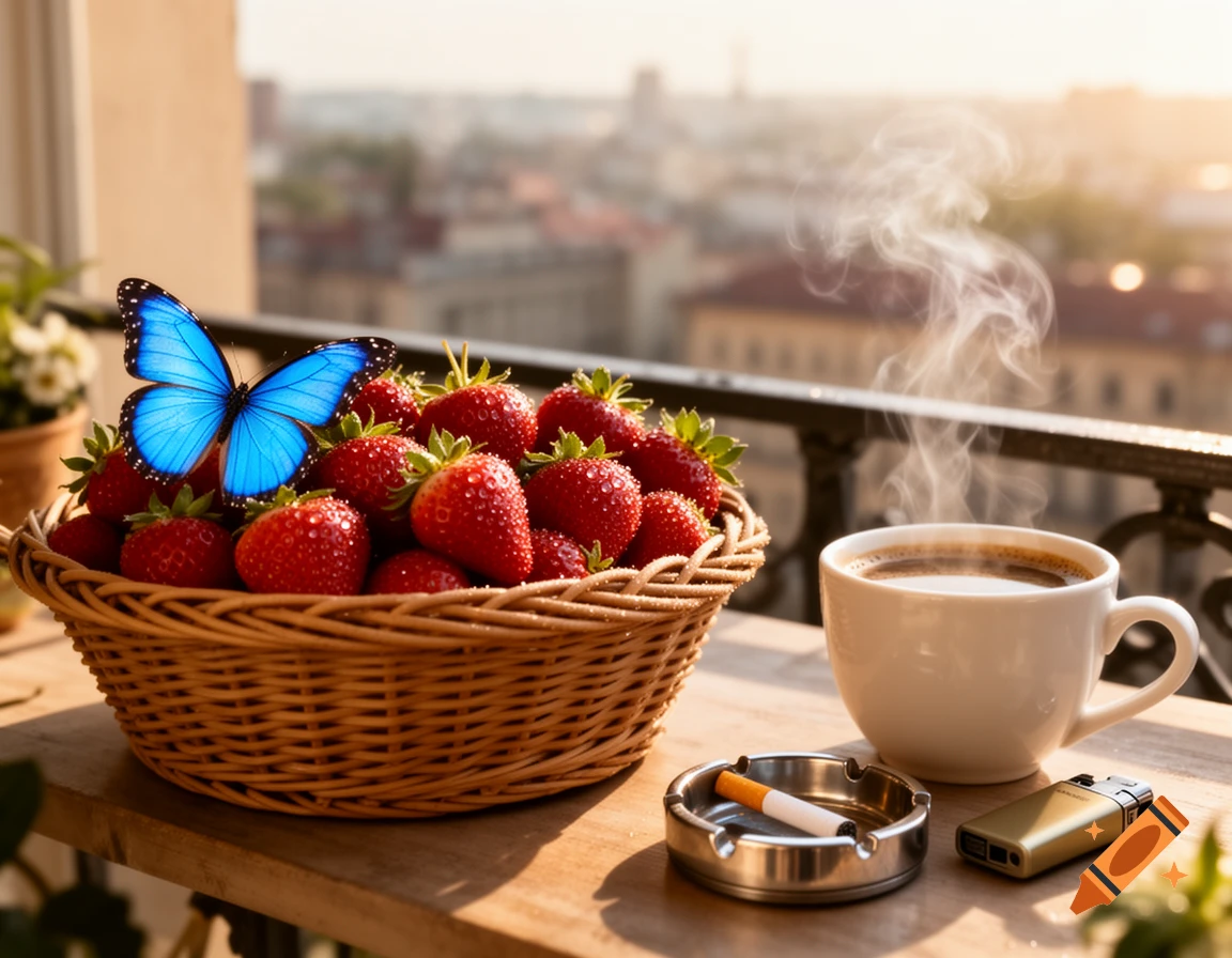 A basket of strawberries with a blue butterfly, steaming coffee, an ashtray, and a lighter on a balcony at sunrise.